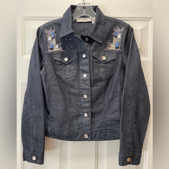 Chico’s Platinum Jean Jacket Size 0 Denim Embellished Rhinestones EUC! - Picture 2 of 10